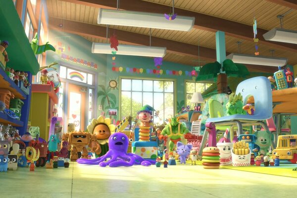 Бөлмеде әртүрлі ойыншықтары бар Toy story 3 мультфильмінің суреті
